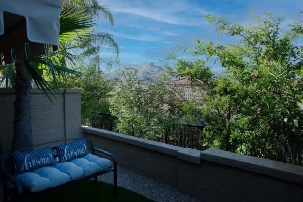 A bench on the patio of a house with trees in the background.